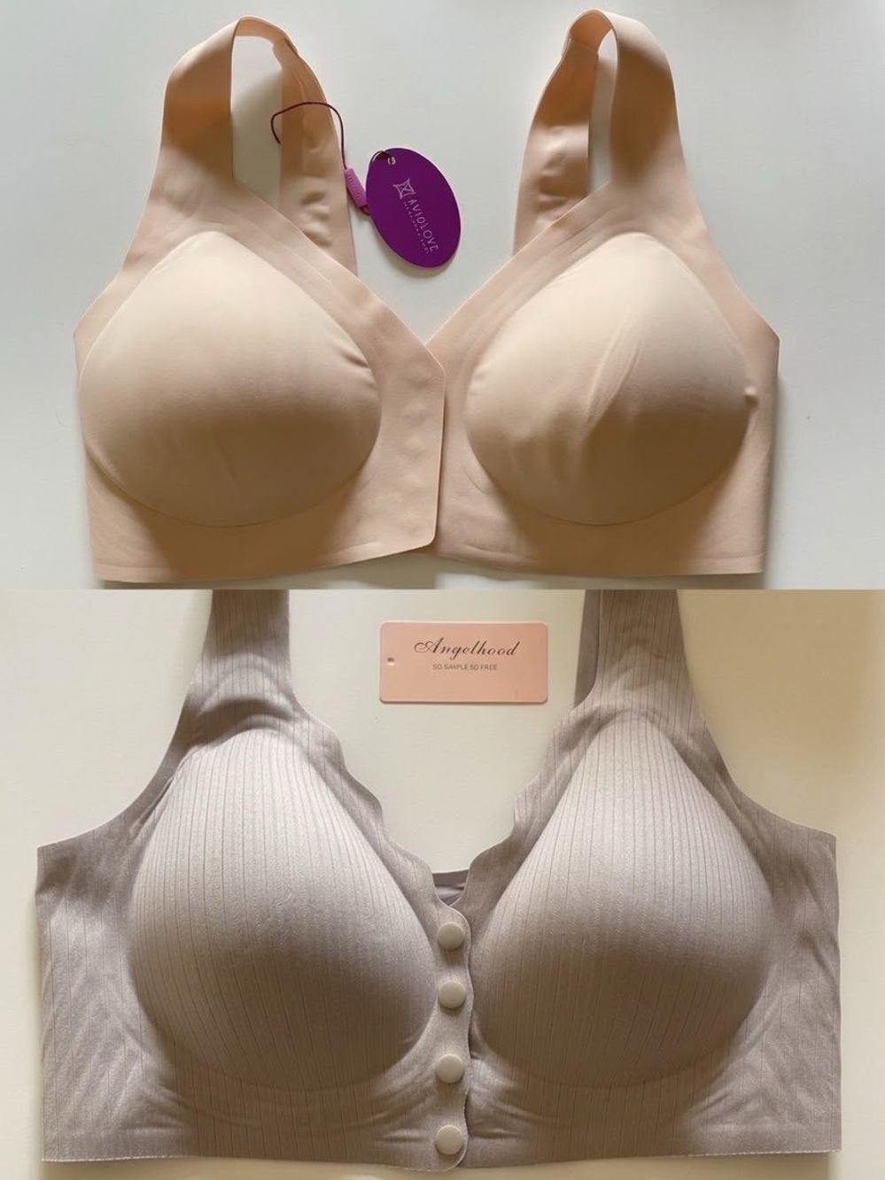 Set of 2 New Front Closure Seamless Wireless Comfort Bras Nude & Grey Size M